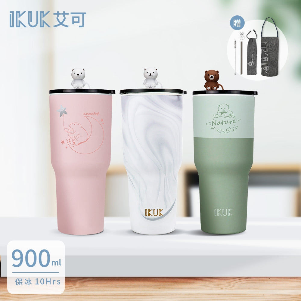 IKUK珍奶陶瓷冰霸杯-900ml（大理石、露營綠、織夢粉）