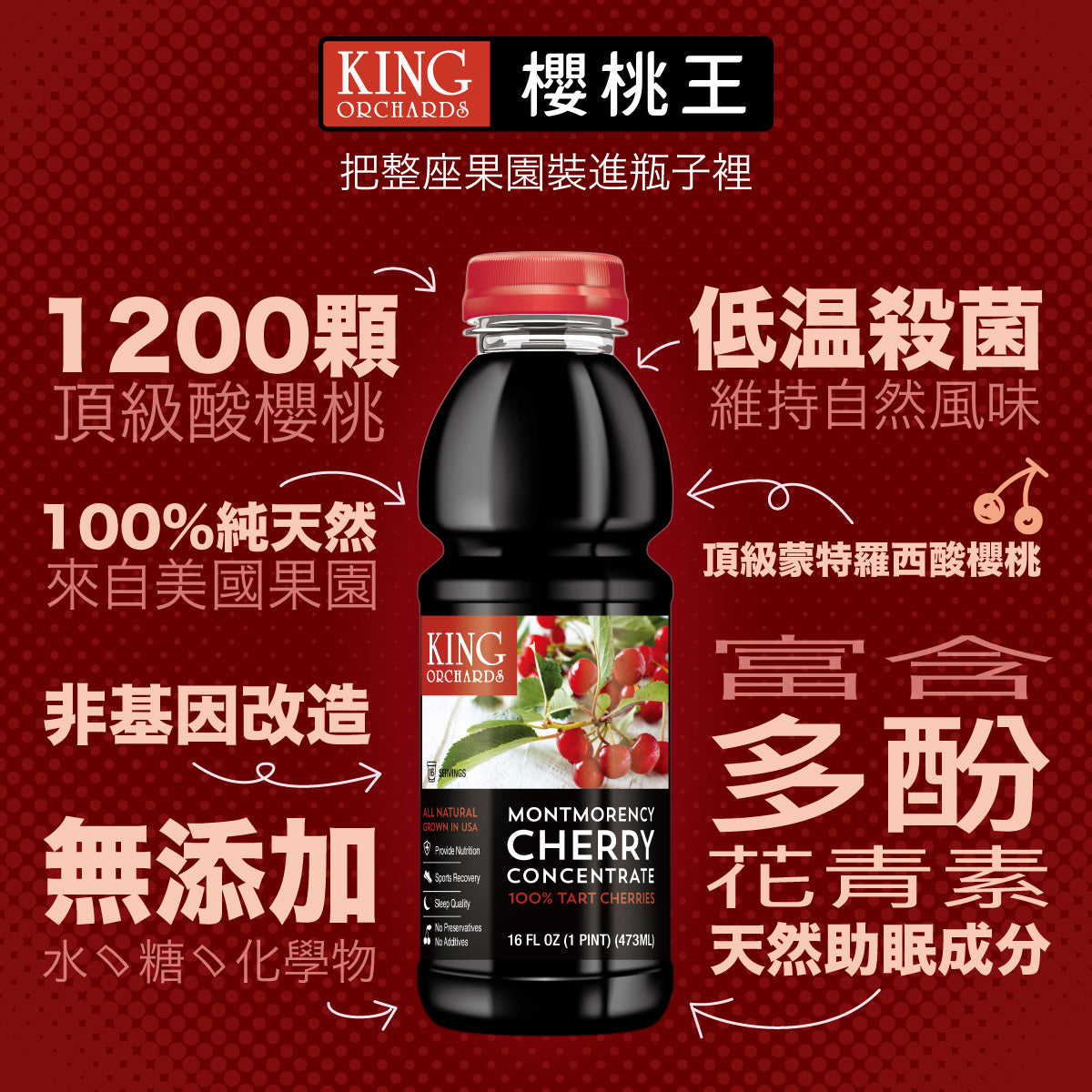 😴幫助入睡的好幫手😴【櫻桃王】100%天然蒙特羅西濃縮酸櫻桃汁(473ml/瓶)